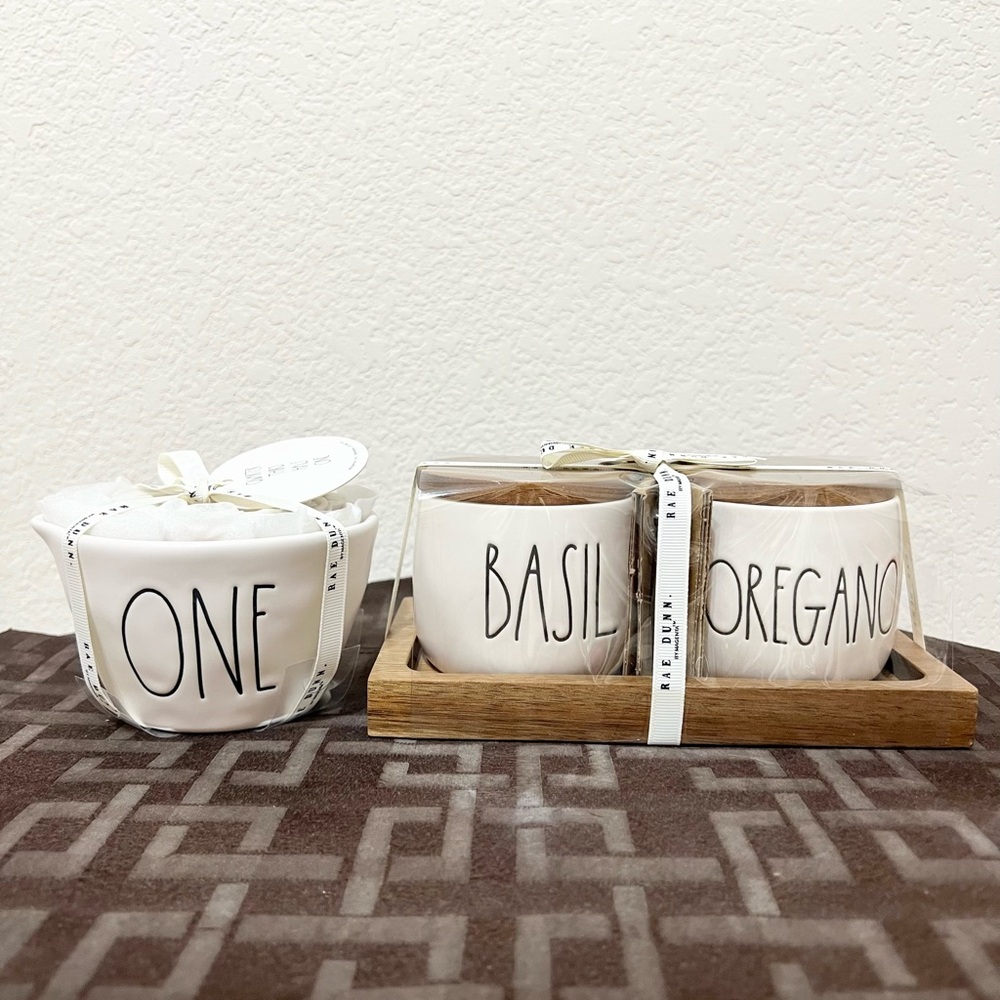 Rae Dunn Measuring Cups and BASIL & OREGANO spice jars